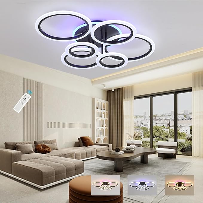 Modern LED Ceiling Light, 70W Dimmable Flush Mount, Black | 4200LM, Adjustable 3000-6000K, Remote Control for Living Room, Dining Room, Kitchen & Hallway
