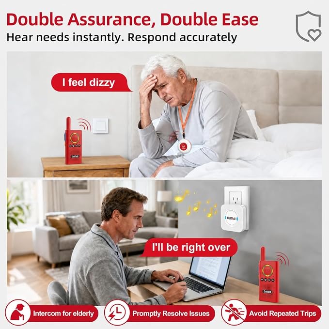 CallToU Caregiver Pager Wireless Alert Button Home Wireless Intercom System | Easy Use, Red Walkie Talkies for Seniors Long Range Room Intercoms 2 Way Radio for Elderly/Patient/Adults/Home/Office