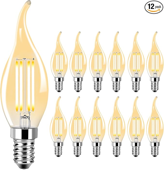 CA11 Chandelier Dimmable Light Bulbs 2700k Warm White 6W 120V, 12 Pack High Output CA11 60 Watt Candelabra Base Bulbs Led, No Flicker CA 11 LED Light Bulbs with E12 Base for Indoor Lighting.