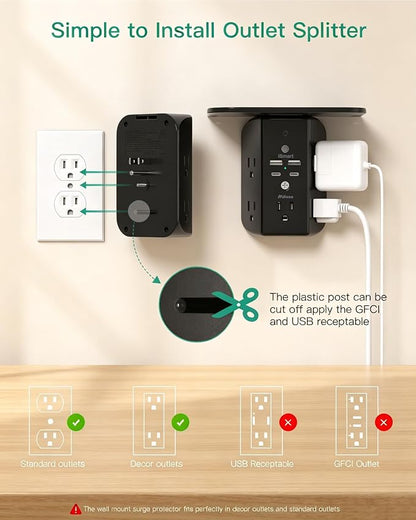 Wall Outlet Extender with Shelf and Night Light, Surge Protector, USB Wall Charger with 5 AC Outlets and 2 USB A Ports 2 USB C Ports Wide Space 3-Sided Power Strip Multi Plug Outlets, Black