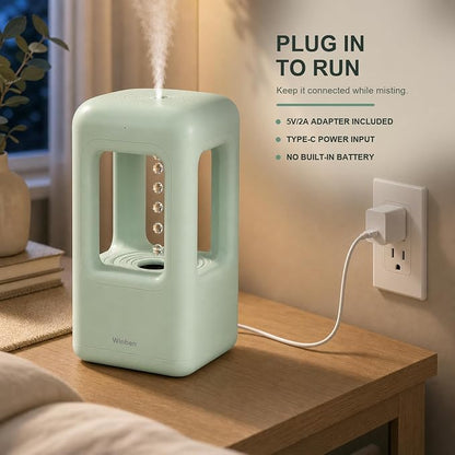 600mL Mini Cool Mist Humidifier with Anti-Gravity Water Drop Display for Desk, Home Office and Indoor Plants, Plug-In, Green