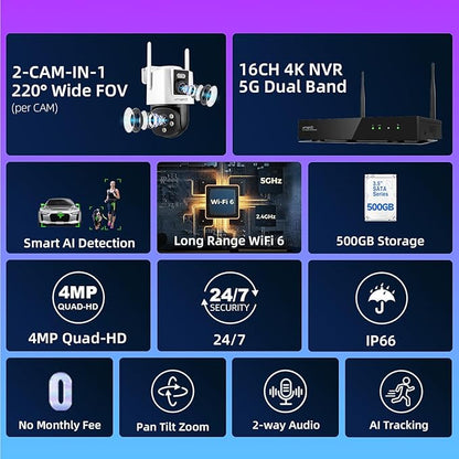 xmartO [14 Dual-Lens Camera Bundle 28-View Long Range WiFi6 Mesh Security System, 16CH 4K Dual Band NVR, 4MP 180°+Static FOV & 360°PTZ AI Tracking, 24/7 Plug-in Surveillance, 500GB HDD, No Monthly Fe