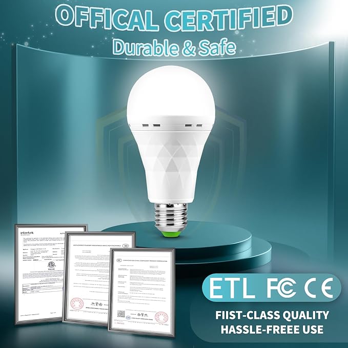Emergency Rechargeable Light Bulbs, Stay Lights Up When Power Failure, 1500mAh 12W 60W Equivalent LED Light Bulbs for Home, Camping, Hiking ((with Hook,with Plug Cap,with socket adapter) 6 Pack