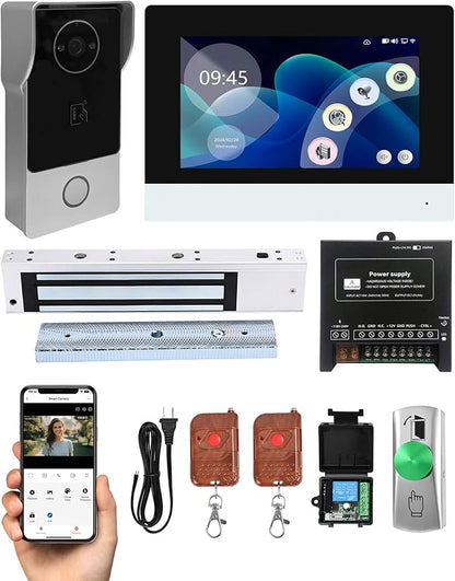 Smart Video Doorbell Intercom System with 600lb Magnetic Lock, 7" Touch Screen Wi-Fi Monitor, 1080P 2.0MP HD Camera, RFID IC Card Access, Tuya App Remote Unlock, Exit Button & Remote Control Kit