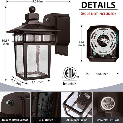2 Pack Outdoor Light with GFCI Outlet,Bronze Dusk to Dawn Porch Lights Outdoor Wall Light Fixture with Outlet,Aluminum Exterior Lighting Fixtures Wall Mount,Waterproof Outside Lights for House
