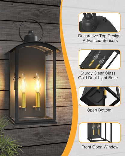 19.7IN Outdoor Wall Light Fixtures, Dusk to Dawn Exterior Lanterns Waterproof, Large Porch Sconces Wall Mounted Lighting, Modern Matte Black Front Open Window Wall Lamps for Yard, Patio