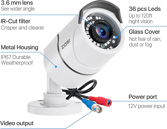 ZOSI 2 Pack 2MP 1080p HD-TVI Home Security Camera Outdoor Indoor 1920TVL,36PCS LEDs,120ft Night Vision, 105°View Angle, Weatherproof Surveillance CCTV Bullet Camera (White Color)