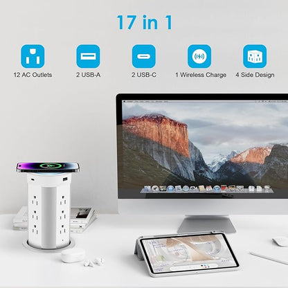 HEZI 4-inch Pop Up Countertop Outlet with 15W Wireless Charger,Max 45W Power Delivery,2 USB-A & 2 USB-C & 12AC Outlets Tamper Resistant 15A, Island Pop Out for Home Office Kitchen
