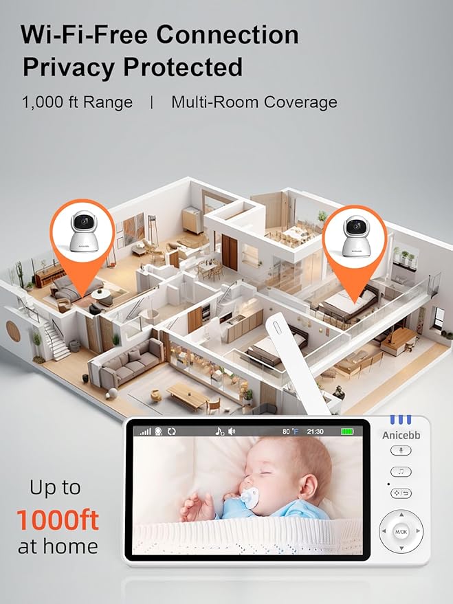 5" HD Video Baby Monitor with Camera and Audio, No WiFi Hack-Proof Security, Remote Pan-Tilt-Zoom, 100-Hour Battery Life in VOX Mode, 1000ft Range, Night Vision, Temperature & Cry Alerts