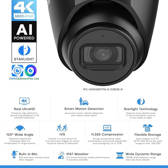 8MP IP Camera, DMSS/SmartPSS Lite, 4K PoE Turret Outdoor Starlight Camera with Mic, Human/Vehicle Detection, IVS, Intrusion Tripwire Alarm, 2.8mm 125°Wide Angle, Metal IP67, H265+, 256GB