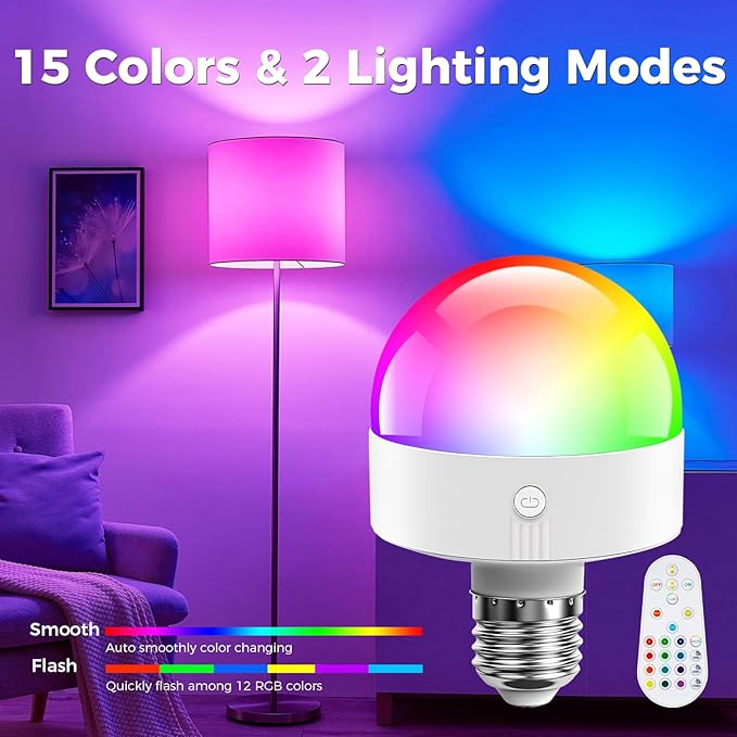 TJOY E26 Rechargeable Light Bulb with Remote and Timer, Battery Operated Bulb with 3 Color Temperatures and 15 RGB Colors, Dimmable Wireless LED Bulb for Lamps, Detachable Charging for Sconces, 4 Pack