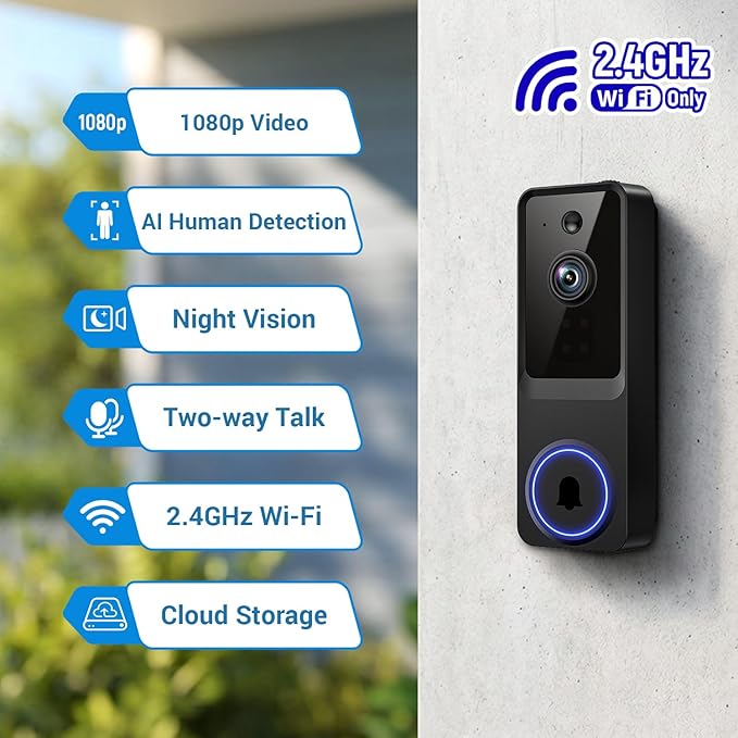1080p Video Doorbell Camera Wireless for Home, Indoor and Outdoor, Cloud Storage (Subscription Required), Receiver Notification, Night Vision, 120° View, Battery Powered