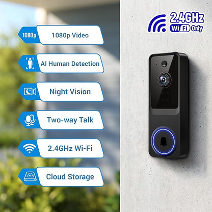1080p Video Doorbell Camera Wireless for Home, Indoor and Outdoor, Cloud Storage (Subscription Required), Receiver Notification, Night Vision, 120° View, Battery Powered