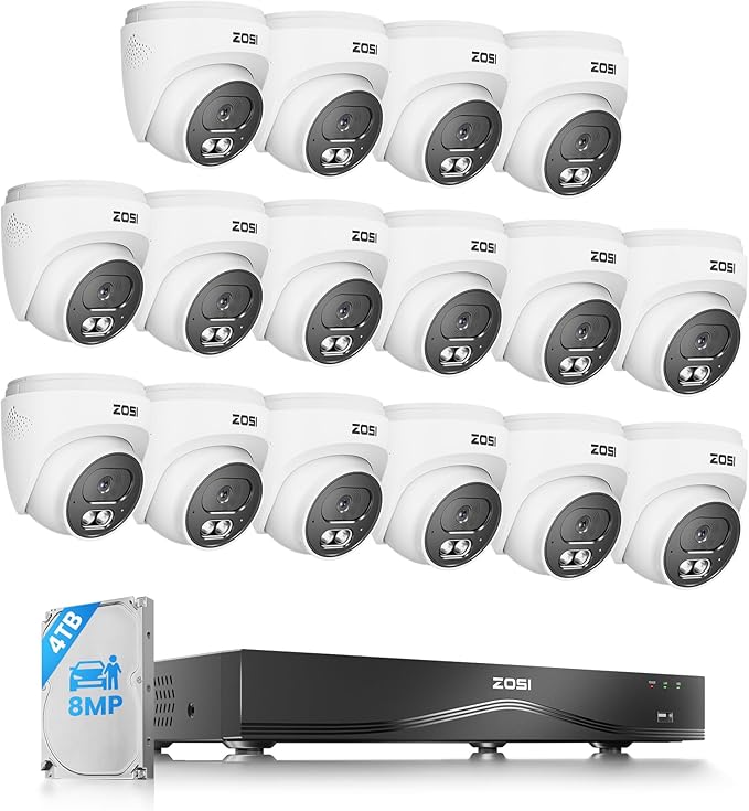ZOSI C220 4K 8MP 16CH POE NVR Security Camera System (32CH Expandable), 16 x 8MP PoE IP Cameras Outdoor Indoor, 24/7 Recording, AI Human/Vehicle/Face Detection, Two-Way Talk, Night Vision, 4TB HDD