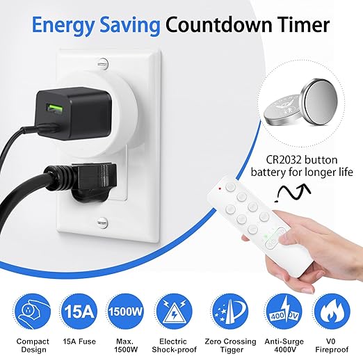 GREENCYCLE Remote Control Outlet, Remote Timer Switch, Plug in Light Switch Outlet, 500ft Range, 15A/1500W, for Lights, Fans, Christmas Lights, Household Appliance