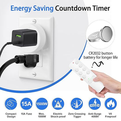Remote Control Outlet, GREENCYCLE Remote Timer Switch, Plug in Light Switch Outlet, 500ft Range, 15A/1500W, for Lights, Fans, Christmas Lights, Household Appliance, 1Remotes 2Outlets