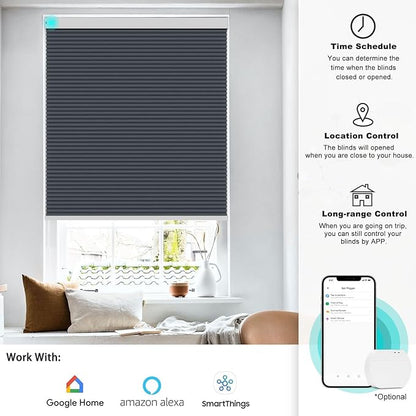 Changshade Blackout Smart Blinds Cellular Shades for Windows Doors Motorized with Remote Control, Custom Size Automatic Honeycomb Blind Electric Power Compatible with Alexa, Google Home, Dark Blue