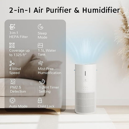 Airthereal 2-in-1 Air Purifier & Humidifier Combo for Large Room up to 1325 ft², 3-Stage Filters, Air Quality Monitor and Quiet Sleep Mode, Evaporative Humidifier with Hygrometer, iF Design Award 2026