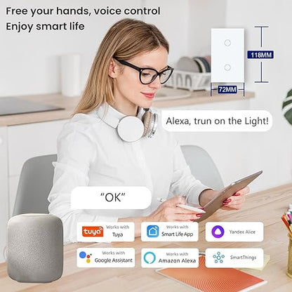 WiFi Smart Light Switch 4.65 X 2.83 X 1.34 Inches,2-Button,2.4GHz Wi-Fi Touch Switch,Neutral Wire Required,Work with Smart Life/Tuya App and Alexa,White