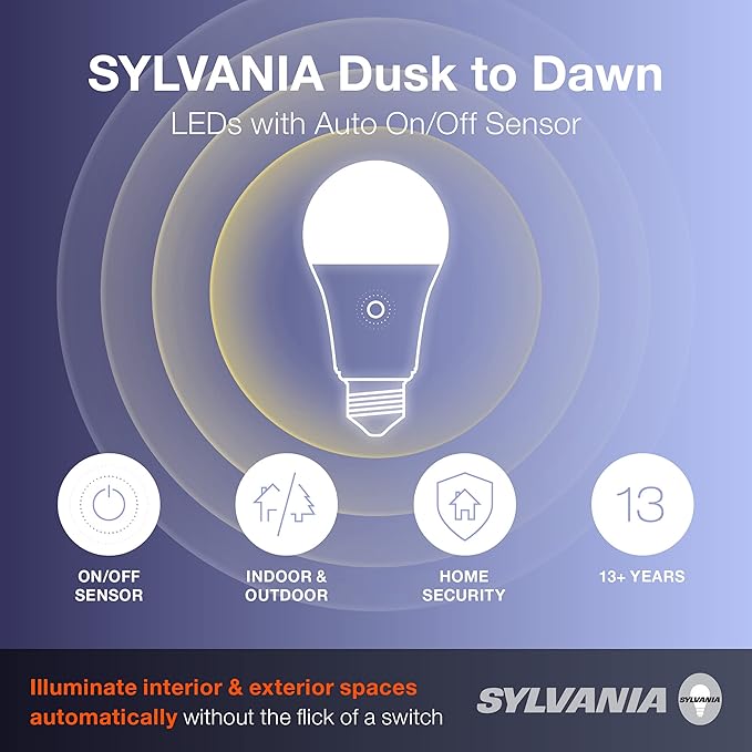Sylvania Dusk to Dawn A21 LED Light Bulb with Auto On/Off Light Sensor, 100W=13W, 1500 Lumens, 2700K, Soft White - 6 Pack (41258)