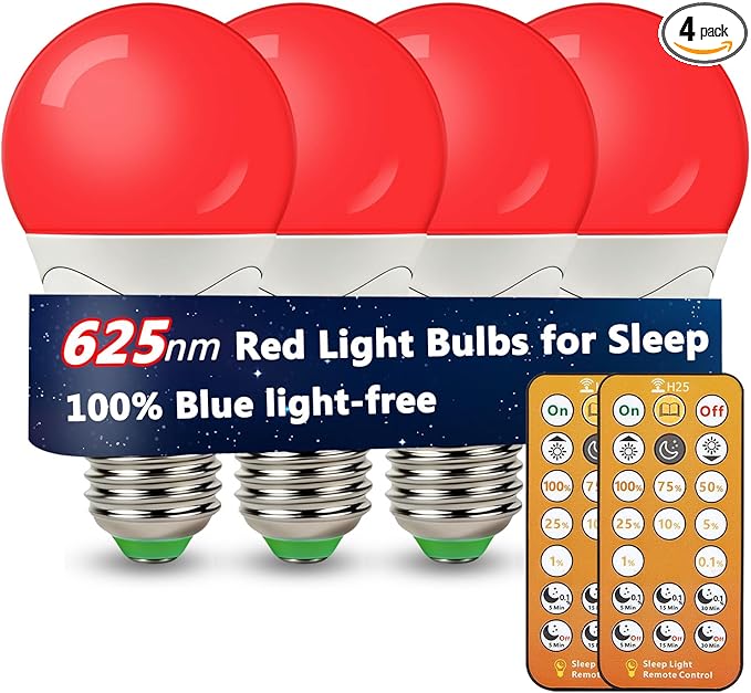 LED Red Light Bulbs for Sleep with Remote Control, E26 Circadian Light Bulb A15, 5W(40W Equivalent) for Sleep Therapy, Baby Nursery, Bedroom (4 Packs)