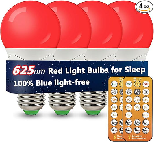 LED Red Light Bulbs for Sleep with Remote Control, E26 Circadian Light Bulb A15, 5W(40W Equivalent) for Sleep Therapy, Baby Nursery, Bedroom (4 Packs)
