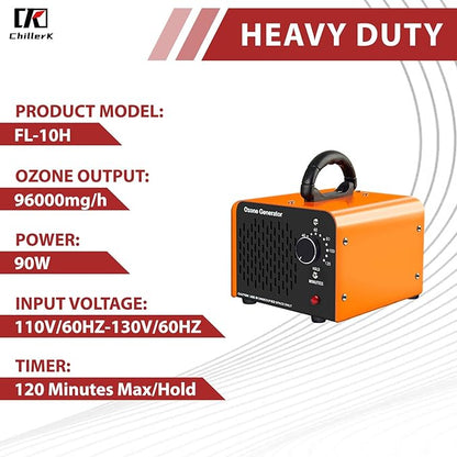 Ozone Generator 96,000mg, Commercial Ozone Machine Odor Removal, High Capacity O3 Ionizer Air Purifier Deodorizer, Portable Mini for Car, Home, Smoke, Pets, Industrial -Orange