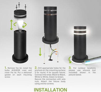 ASD 12" Round Bollard Light Fixture, Outdoor Pathway Floor Lamp | Antiglare, Waterproof, ETL Listed | 60W E26 Bulb Socket 120V | Landscape Hardwired Lighting, Exterior Post Lantern | Black, 4 Pack