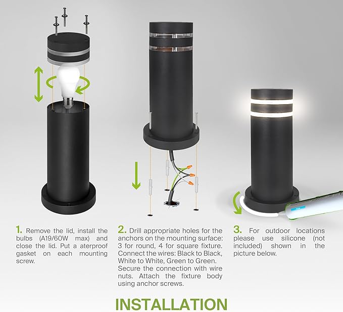 ASD 24" Round Bollard Light Fixture, Outdoor Pathway Floor Lamp | Antiglare, Waterproof, ETL Listed | 60W E26 Bulb Socket 120V | Landscape Hardwired Lighting, Exterior Post Lantern | Black, 4 Pack