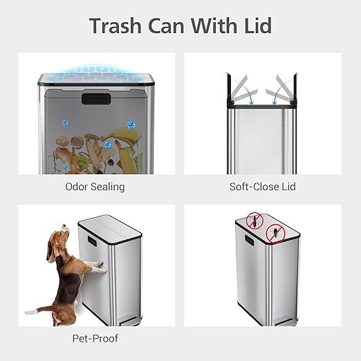 Garvee Kitchen Dual Trash Can, 15 gal Large Recycling Bin Garbage Can with Butterfly Lid, Fingerprint Resistant Stainless Steel Trash Bin for Kitchen, Living Room, Office (2 x 28 L)