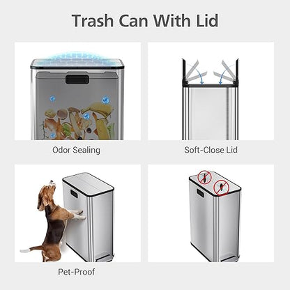 Garvee Kitchen Dual Trash Can, 15 gal Large Recycling Bin Garbage Can with Butterfly Lid, Fingerprint Resistant Stainless Steel Trash Bin for Kitchen, Living Room, Office (2 x 28 L)