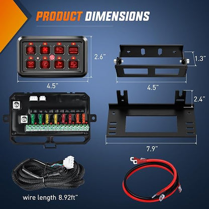 Nilight 8 Gang Switch Panel Relay System Automatic Dimmable | Universal Circuit Control Fuse Wiring Harness ON Off Red Backlit LED Pod for 12V Cars Trucks Boats Campers SUV