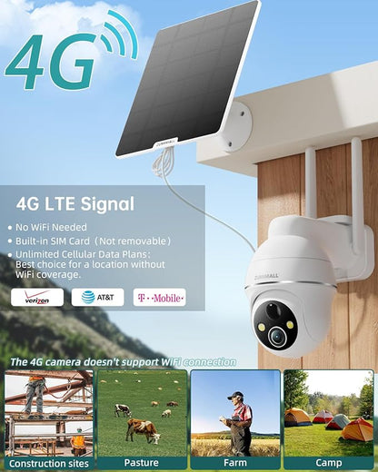 ZUMIMALL 4G LTE Cellular Security Camera, No WiFi Outdoor Camera Wireless, Solar Powered Off Grid Cameras, 360° Live View, 2K Color Night Vision, PIR Motion Sensor, 2 Way Talk, Built in SIM Card