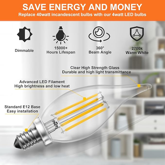 CA11 Chandelier Dimmable Light Bulbs 2700k Warm White 4W 120V, 12 Pack High Output CA11 Candelabra Bulbs 40 Watt with E12 Base, No Flicker CA 11 Led Light Bulbs for Indoor/Outdoor Lighting.