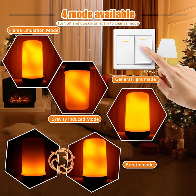 Bestview LED Flame Effect Light Bulbs,4 Modes Smart E26/E27 Base Flickering Fire Light Bulb with for Halloween, Christmas, Party, Porch, Indoor&Outdoor Home Decoration Lighting (Yellow 4 Pack)