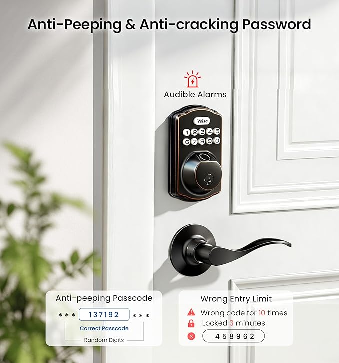 Veise KS02A Fingerprint Keyless Entry Door Lock, Auto Lock, Electronic Keypad Deadbolt for Front Door, Biometric, Anti-Peeping Password, Easy Install, Oil Rubbed Bronze