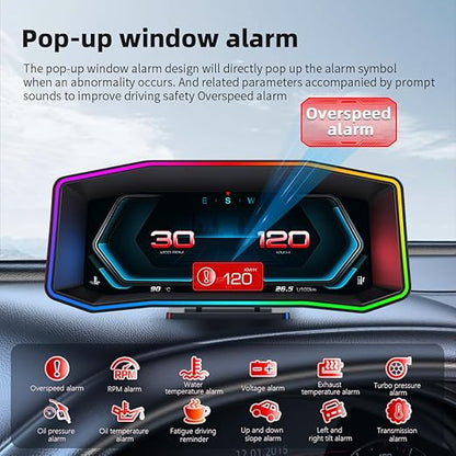 OTPerformance P4 HUD Meter Speed OBD2 + GPS Dual System Digtial Speedometer, Smart Gauge, Speed, Voltage, Engine RPM, OverSpeed Warning, Water Temperature, Turbo Pressure