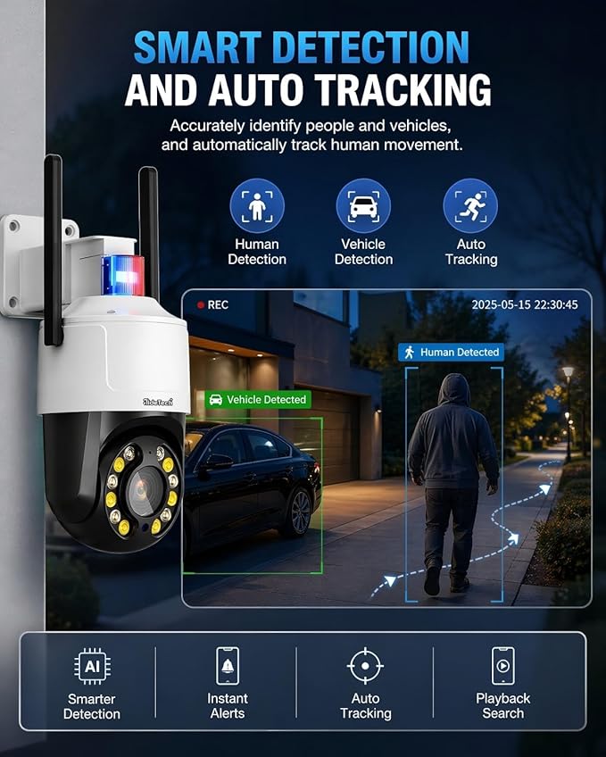 JideTech 4K 8MP Security Camera Outdoor, 5X Optical Zoom, PTZ Camera WiFi 2.4/5GHz, Red & Blue Light Alarm, Color Night Vision Floodlight, Automatic Human Tracking, Human Vehicle Pet Detection