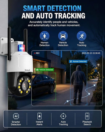 JideTech 4K 8MP Security Camera Outdoor, 5X Optical Zoom, PTZ Camera WiFi 2.4/5GHz, Red & Blue Light Alarm, Color Night Vision Floodlight, Automatic Human Tracking, Human Vehicle Pet Detection