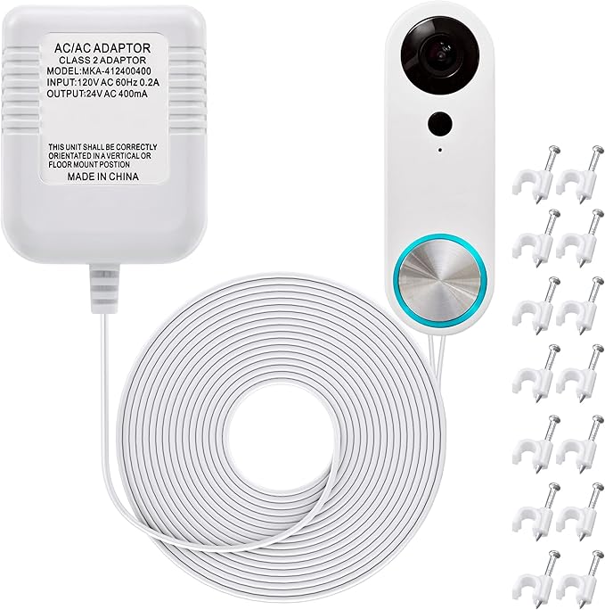 Dreyoo Video Doorbell Transformer, 24 Volt 16.4 Feet Doorbell Power Supply C Wire Adapter with 50 LPJ088 Cable Clips Compatible with Doorbell and Smart Thermostats
