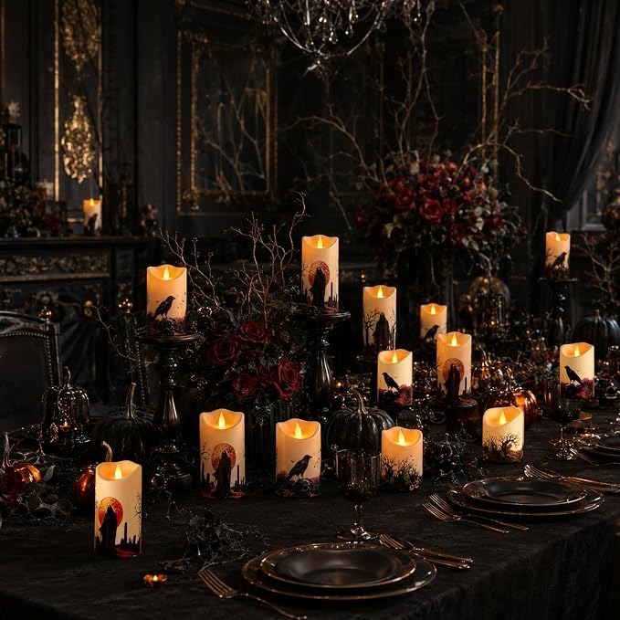 Artmarry Halloween Flameless Candles 4" 5" 6" Set of 3 Outdoor Indoor | Pillars Battery Operated Flickering Candles with Cozy Climbing Flame Effect ,10-Key Remote Timer, Plastic LED Candles