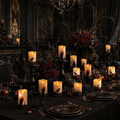 Artmarry Halloween Flameless Candles 4" 5" 6" Set of 3 Outdoor Indoor | Pillars Battery Operated Flickering Candles with Cozy Climbing Flame Effect ,10-Key Remote Timer, Plastic LED Candles