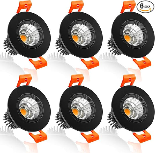 inShareplus 2 Inch LED Downlight, 3W Recessed Lighting COB Dimmable, 3000K Warm White, CRI80, Black Trim, Ceiling Lights with LED Driver, 6 Pack