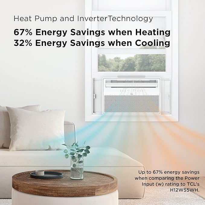 TCL 12000 BTU Q-Series Smart Inverter Window AC with Heat Pump for Up To 550 Sq. Ft., Energy Efficient Air Conditioner Heater Combo, 115V, Works with Remote Control, Smart Home Devices & TCL Home App