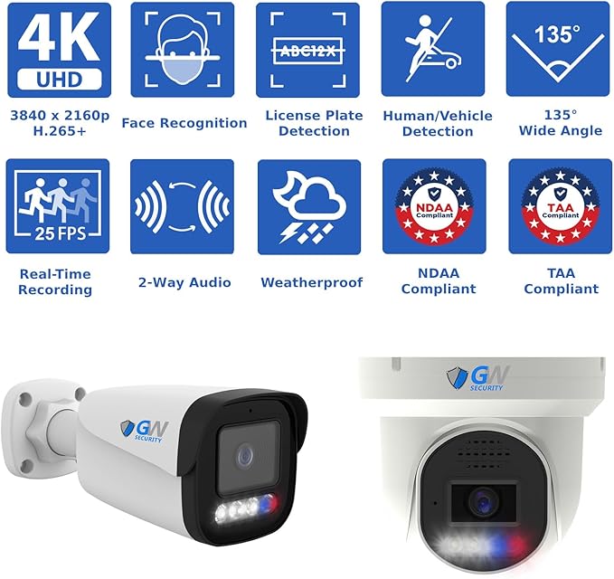 GW Security NDAA & TAA Business Quality Professional 12MP NVR 16 Channel Security Camera System, Face Recognition & LPR, 2 Way Audio, 16x 4K 8MP Full-Time Color PoE IP Cameras, 16CH Commercial NVR 4TB