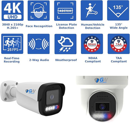GW Security NDAA & TAA Business Quality Professional 12MP NVR 16 Channel Security Camera System, Face Recognition & LPR, 2 Way Audio, 16x 4K 8MP Full-Time Color PoE IP Cameras, 16CH Commercial NVR 4TB