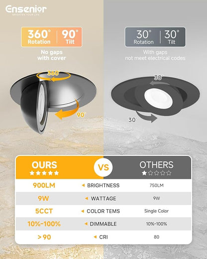 Ensenior 12 Pack 4 inch 5CCT LED Gimbal Led Recessed Light with Junction Box, 360°+90° Adjustable Directional Lighting, Dimmable, CRI90+, 2700K/3000K/3500K/4000K/5000K, 900LM, 10W=85W-ETL&FCC, Black