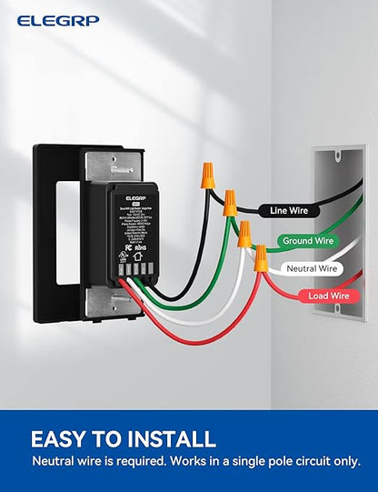 ELEGRP Smart Light Switch, 2.4GHz Wi-Fi Light Switch Compatible with Alexa & Google Assistant, Neutral Wire Required, APP Control and Timer Schedule, UL Certified,Single Pole, Black, 1 Pack