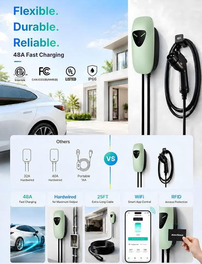 48A Level 2 EV Charger Station Hardwired, J1772 240V 11.5kW WiFi App 25ft | Garage Home Driveway EV Charger,2.4GHz Smart Control,RFID Access,Indoor Outdoor Installation,UL ETL FCC Certified,Overheat