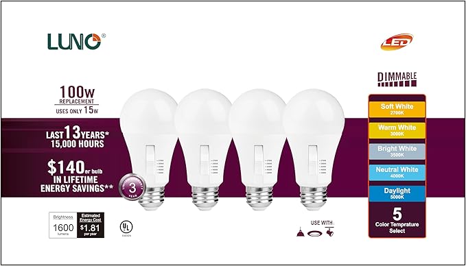 LUNO A19 Dimmable LED Bulb, 15W (100W Equivalent), 1600 Lumens, 5000K (Daylight), Medium Base (E26), UL & Energy Star (4-Pack)